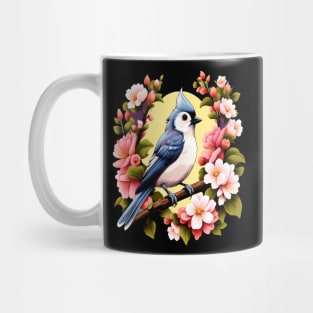 Cute Tufted Titmouse Surrounded by Vibrant Spring Flowers Mug